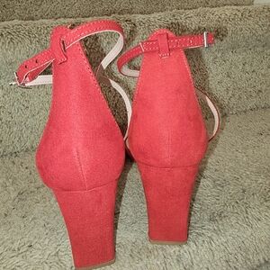 Suede feel, red, open toed heeled sandals Women's 12